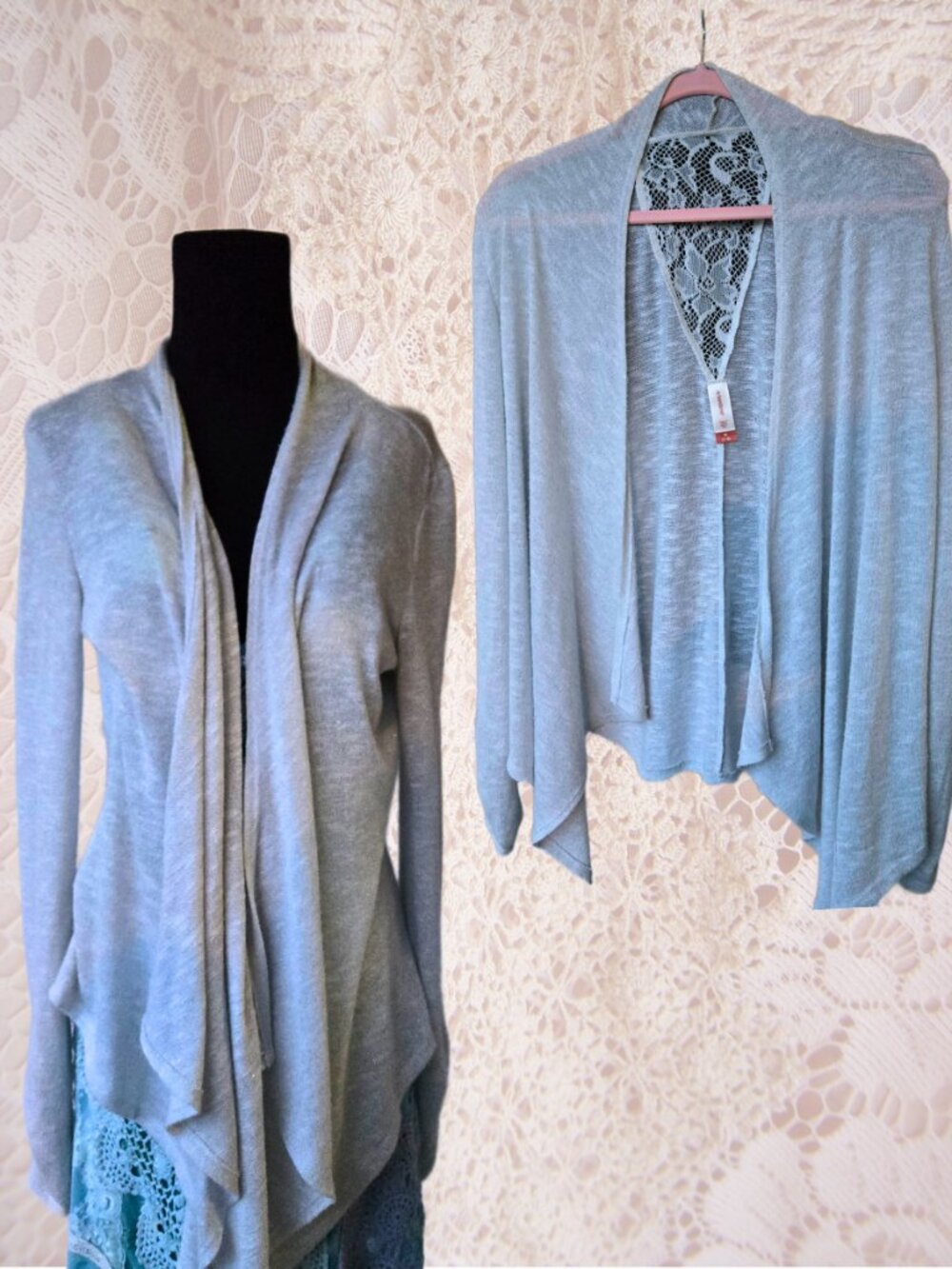 no boundaries Silver Light Grey Waterfall Cardigan Lace Back Ruched Sleeves